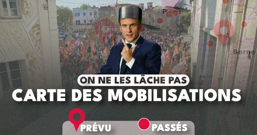 Affiche de Attac intitulée carte des mobilisations et représentant Macron avec une casserole sur la tête sur fond de manifestations