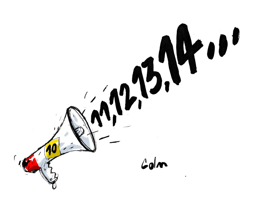 Porte-voix blanc et rouge avec un 10 écrit sur une étiquette à fond jaune. Les nombres 11, 12, 13, 14 sont écrits comme s'ils sortaient du porte-voix. Ils sont suivis par des points de suspension.